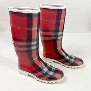 BURBERRY Check Rain Boots Red